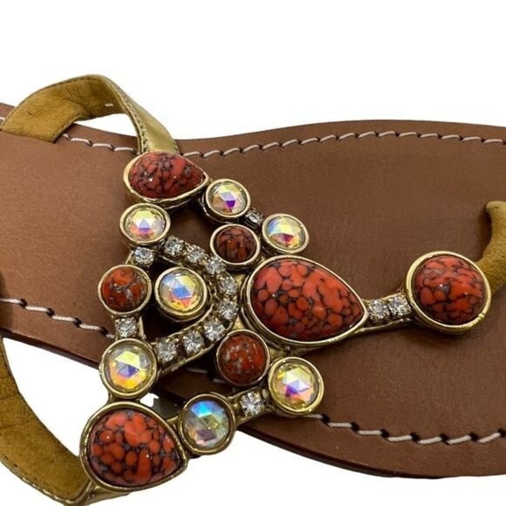 Mystique Gold Leather Jeweled Thong Sandals Orange Faux Turquoise Crystal Flat - Picture 7 of 11
